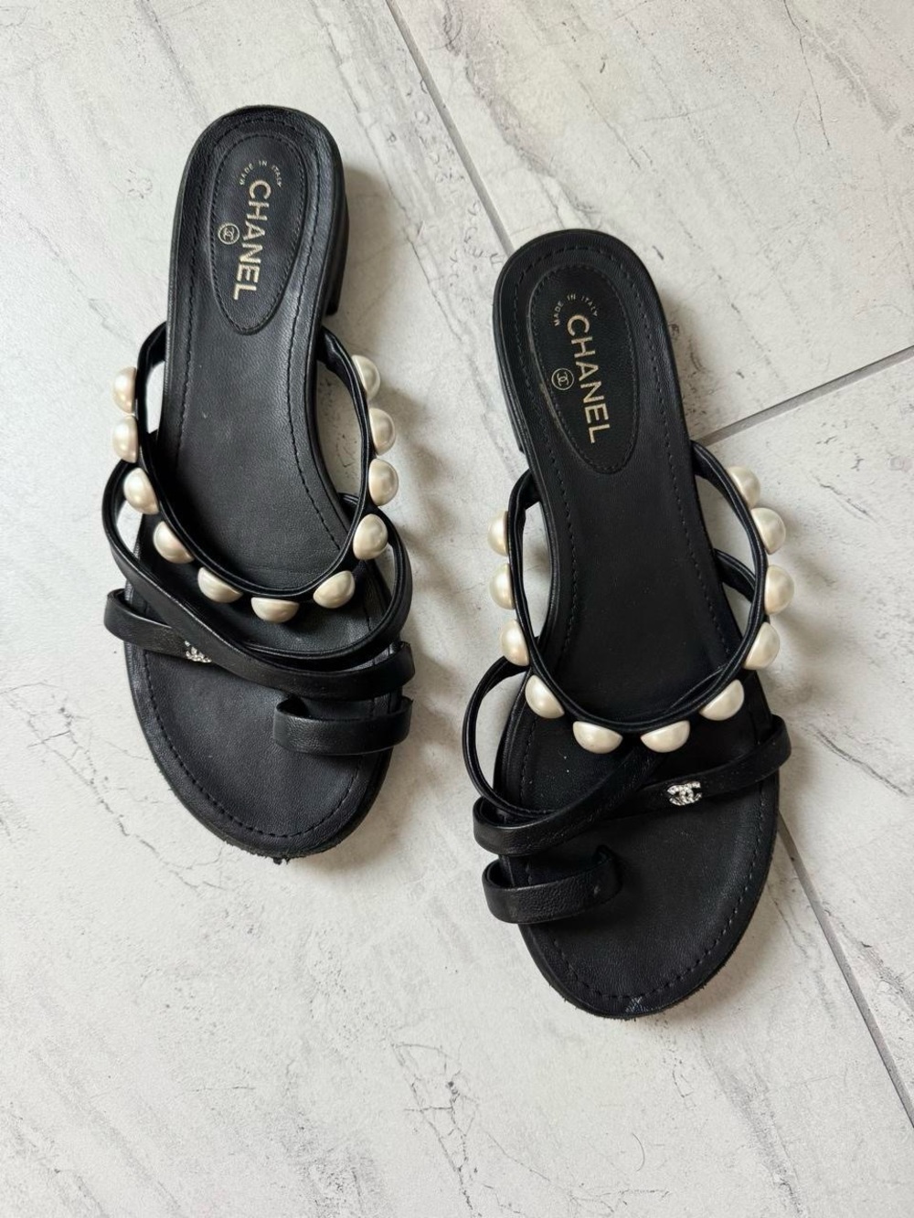 CHANEL Black Slide Sandals with Pearl Trim